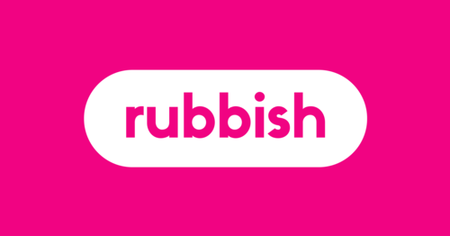 Rubbish logo in a fuchsia box and white text