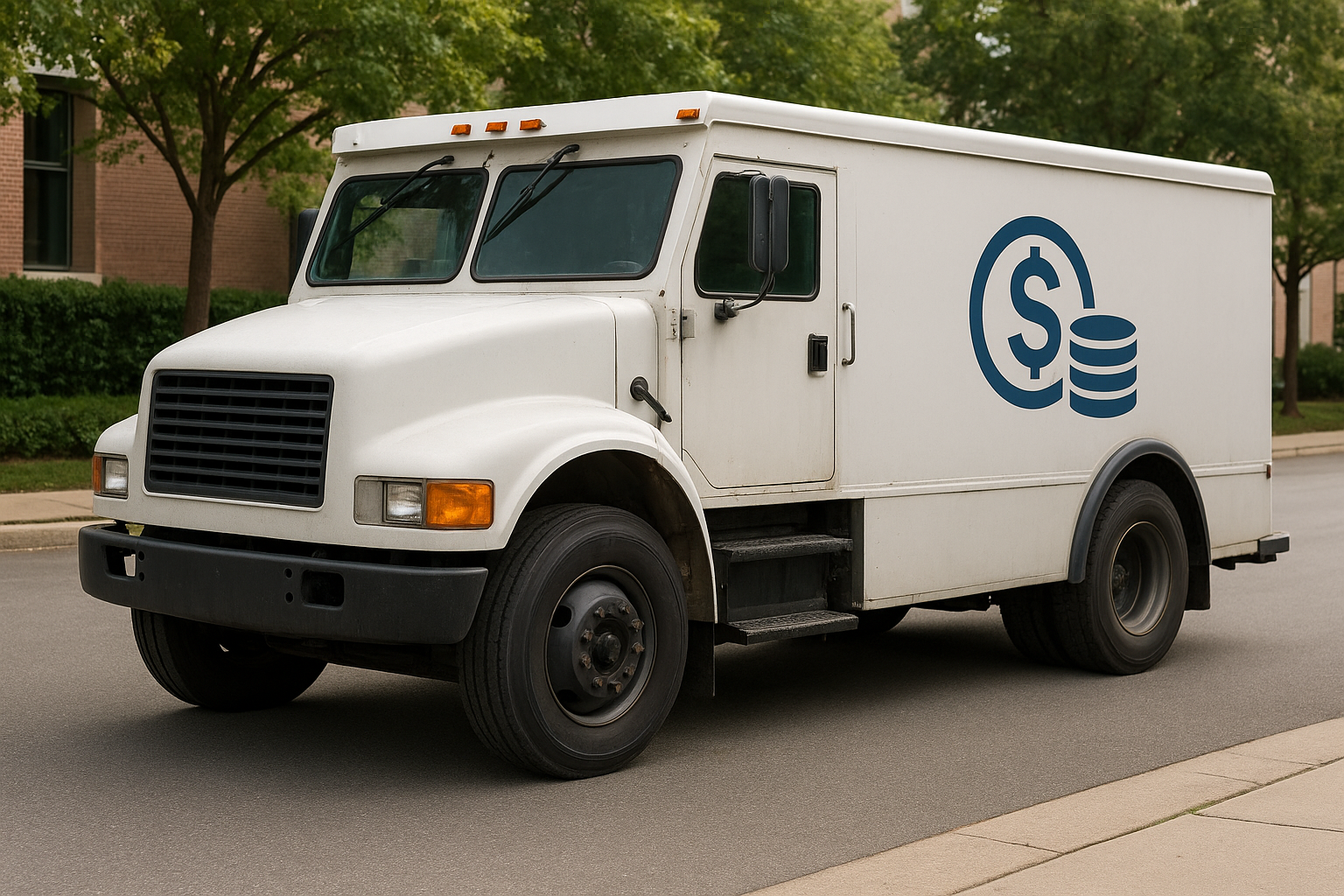 white armored truck with blue generic logo of cash