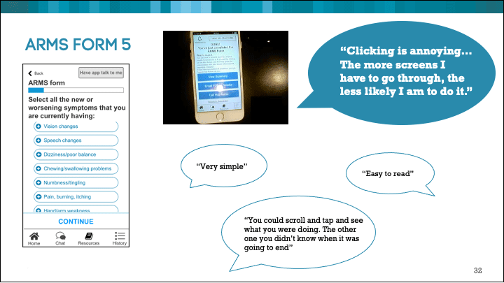 A Powerpoint slide with a screenshot of the usability test, an image of the survey interface and participating quotes supporting option 1