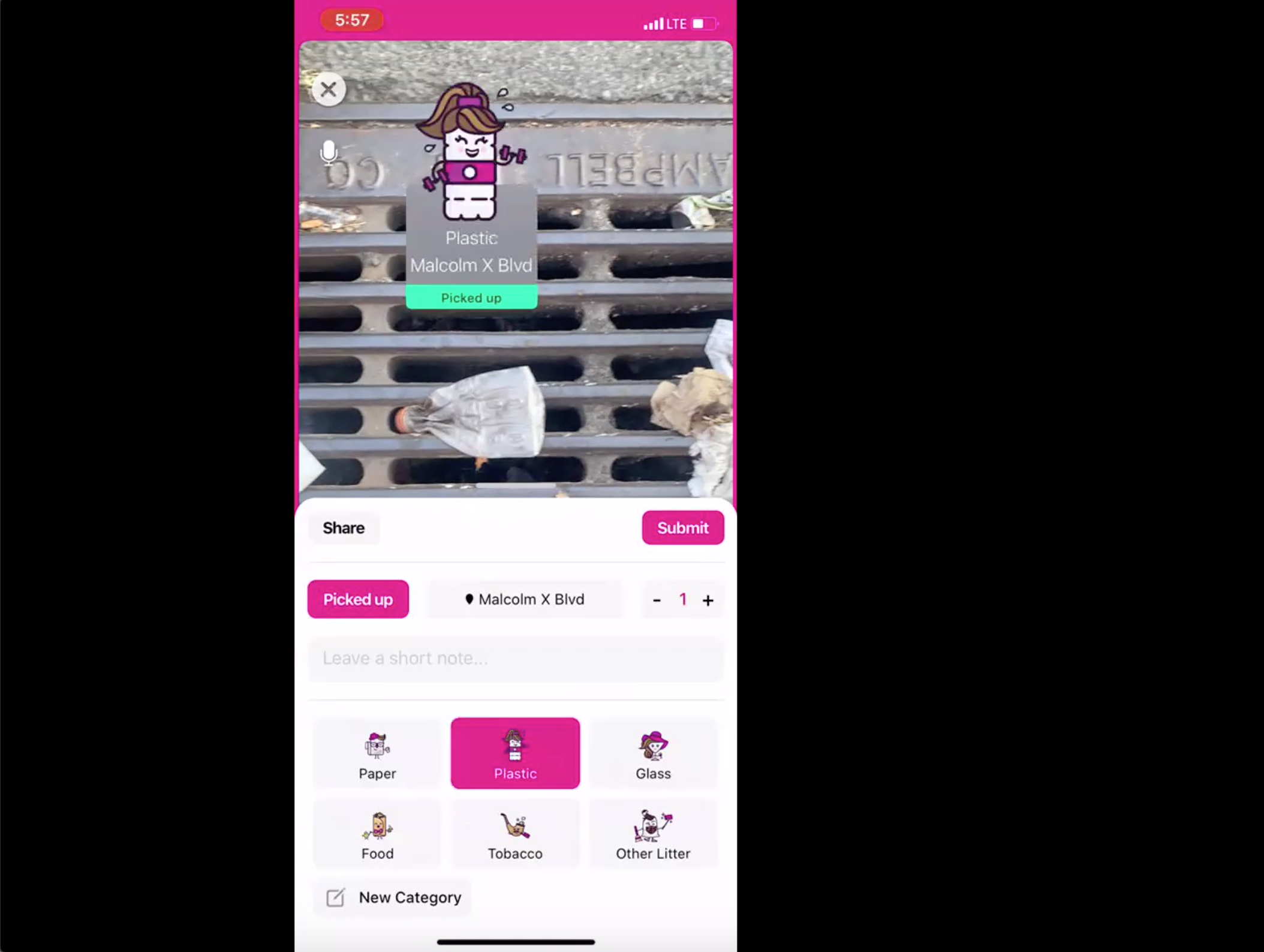 a screenshot of a usability test where the test participant is taking a picture of a plastic bottle on a sewer grate and documenting it as plastic